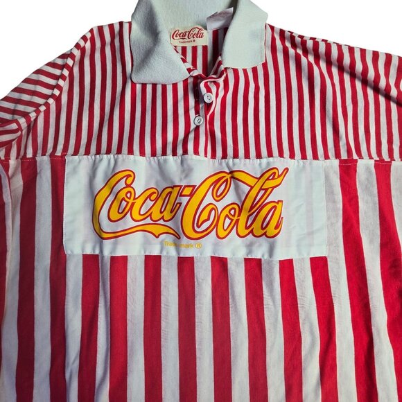 Vintage 1986 Coca-Cola Red & White Striped Rugby Shirt OS - Picture 1 of 9